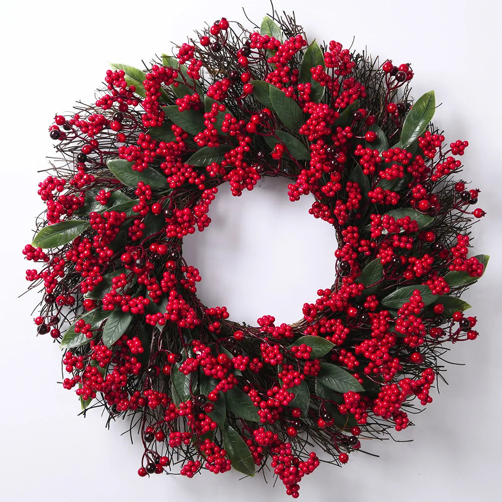 Handmade Christmas Wreath with Red Berries & Pine Leaves