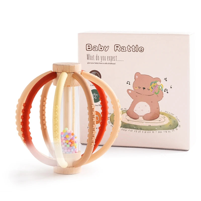 Wooden Baby Rain Rattle – Montessori Sensory Teething Toy with Silicone Beads