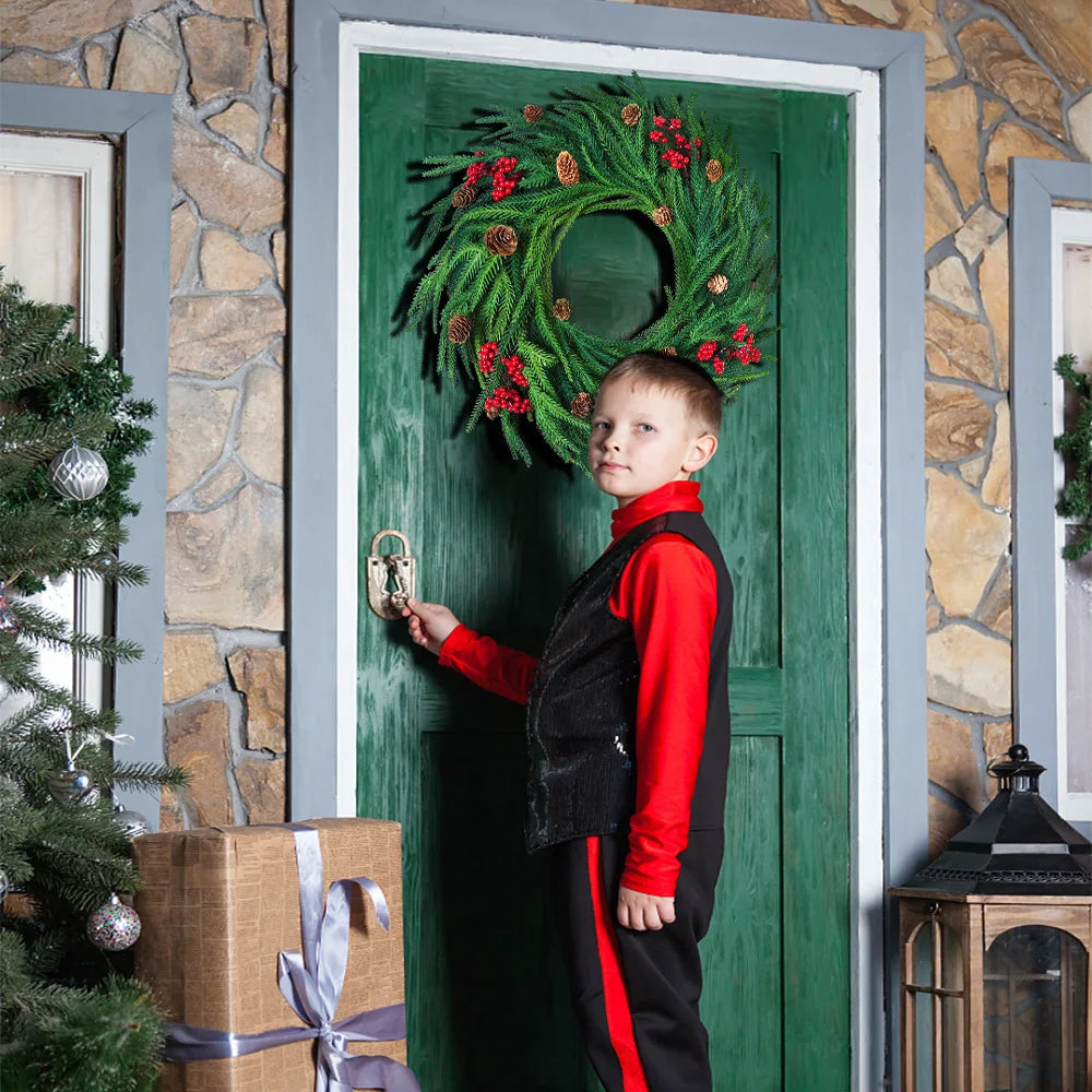 Handmade Christmas Wreath with Red Berries & Pine Leaves