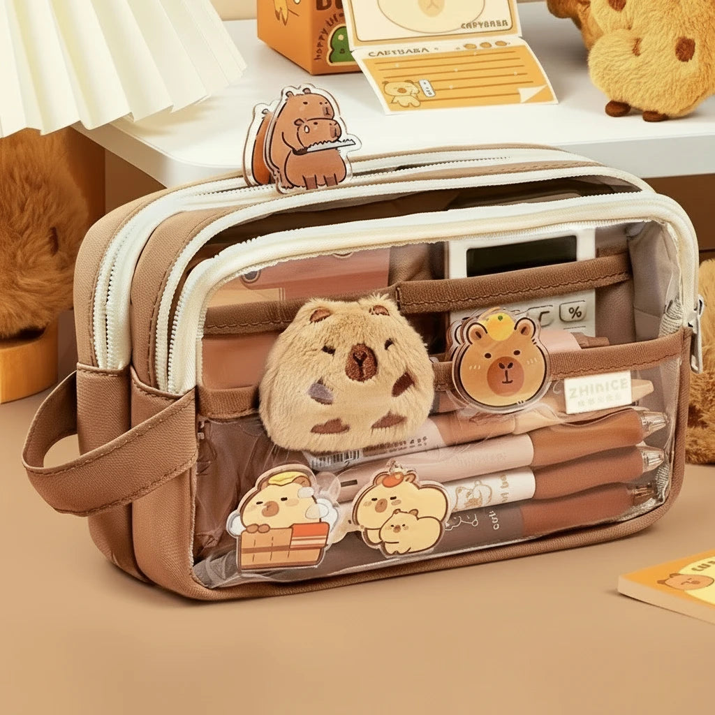 Capybara Pencil Case – Aesthetic Canvas School Pouch with Lock