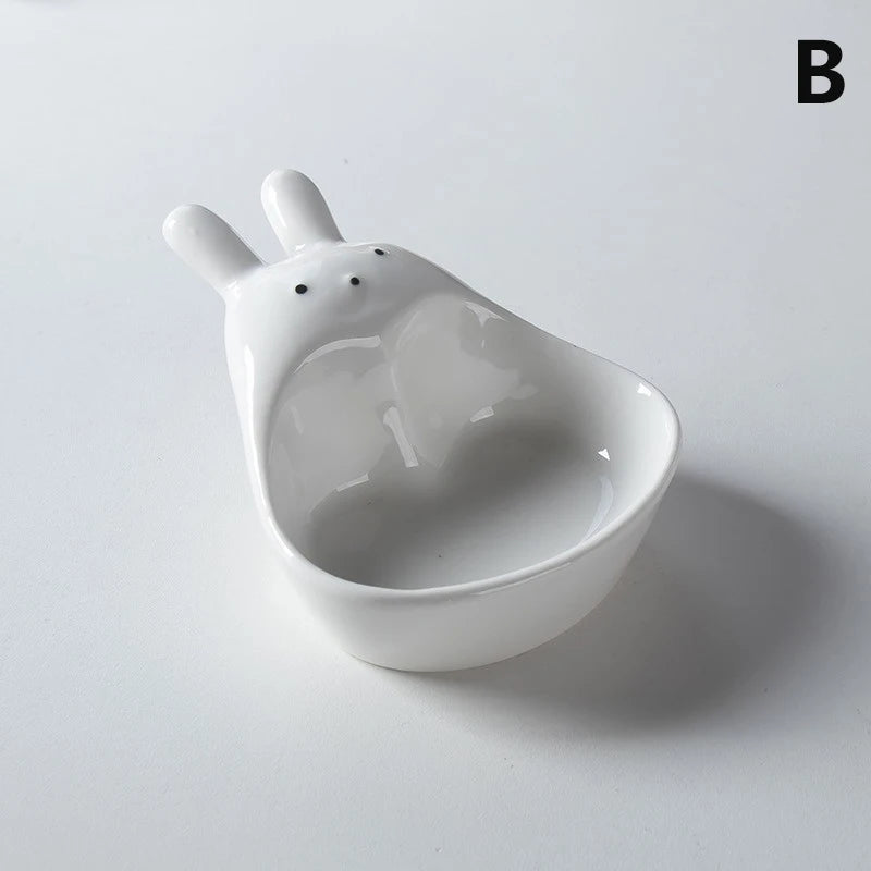 Assiette à tremper en céramique tridimensionnelle, lapin de dessin animé super mignon, s/05 er, assiette à collation pour ketchup, cordon de vinyle, lapin blanc, ménage