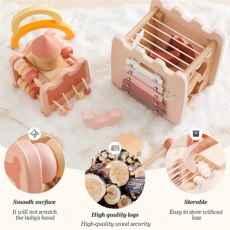 Montessori Wooden Castle Toy – Pink Baby House Puzzle for Early Learning & Imaginative Play