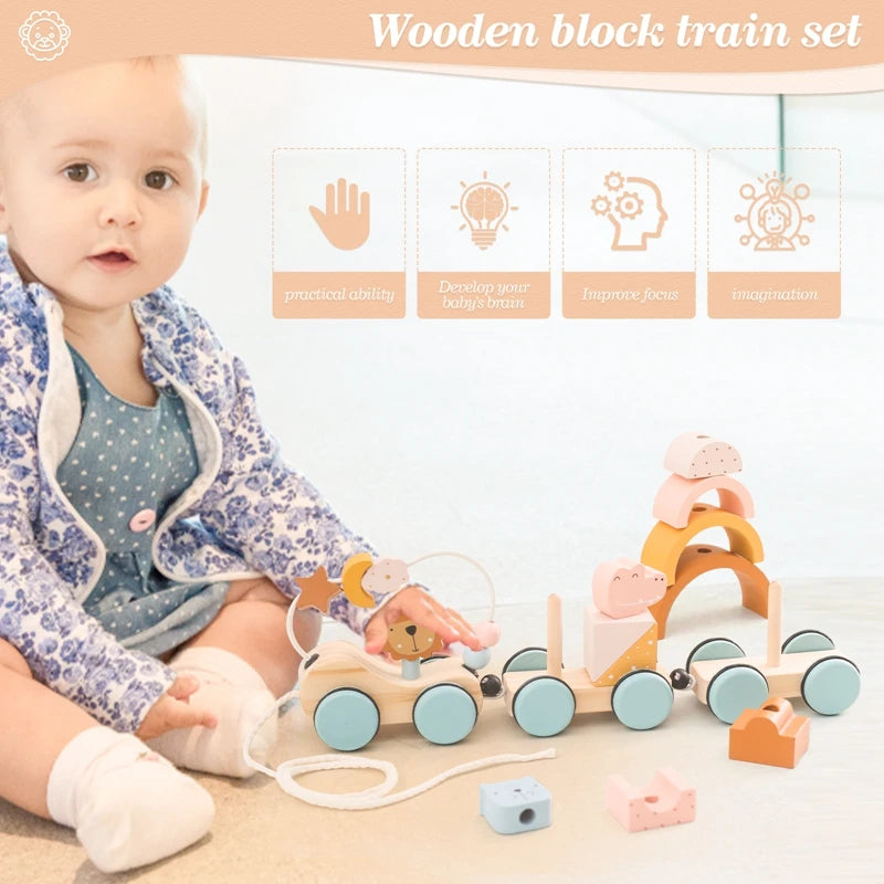 Wooden Montessori Pull Toy – Animal Night Train with Stars & Moon