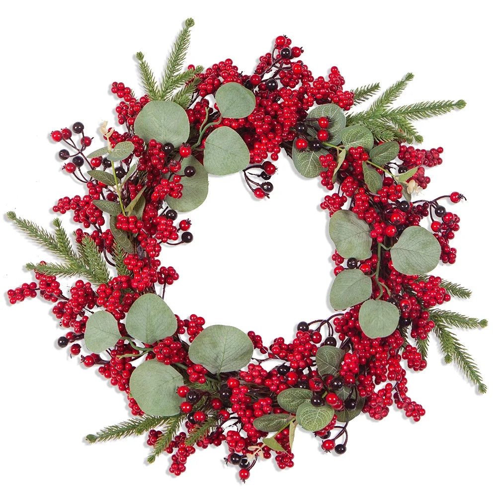 Handmade Christmas Wreath with Red Berries & Pine Leaves