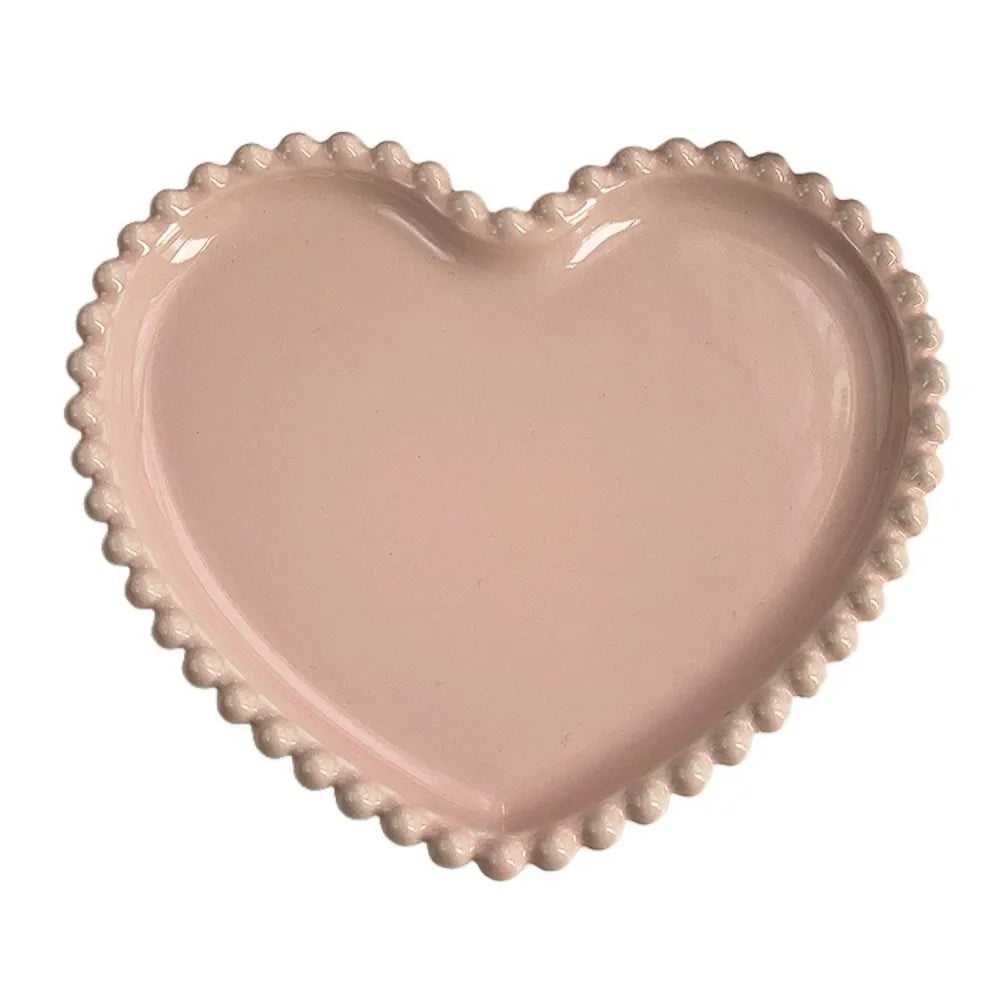 Assiette à dîner créative en forme de cœur en céramique, points de perles roses, vaisselle, assiette à gâteau à Dessert, assiette à salade en porcelaine, ustensiles de cuisine, nouveau