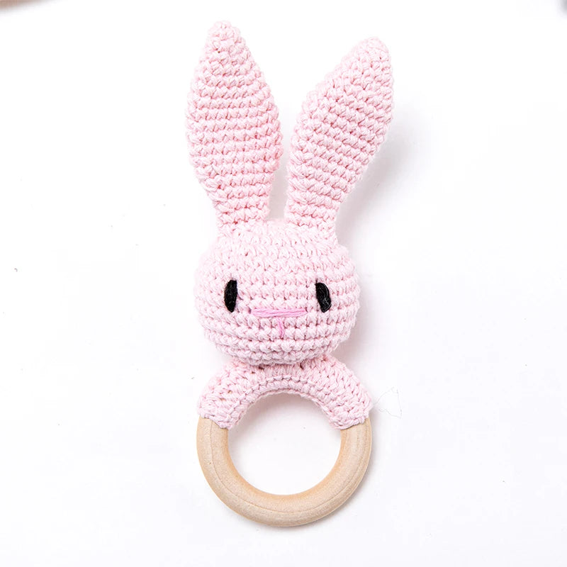 Handmade Crochet Baby Rattle – Wooden Teething Ring & Amigurumi Animal Toy
