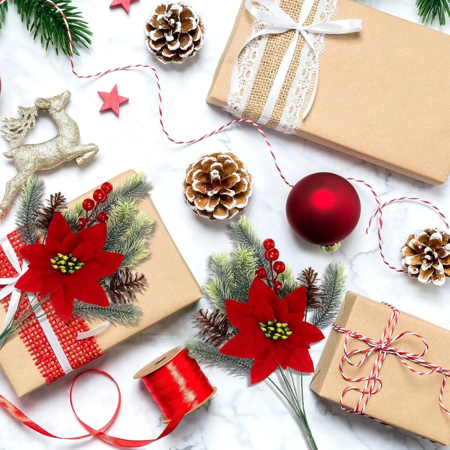 Bouquet de fleurs artificielles, 4 pièces, pommes de pin florales de noël, fausses baies rouges, tiges, pics floraux de houx pour fête de noël