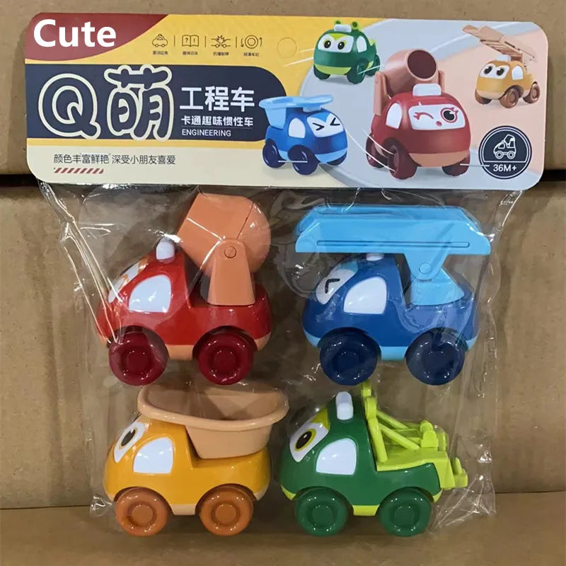 Cute Cartoon Engineering Cars Set – 4-Piece Inertial Construction Vehicles for Toddlers