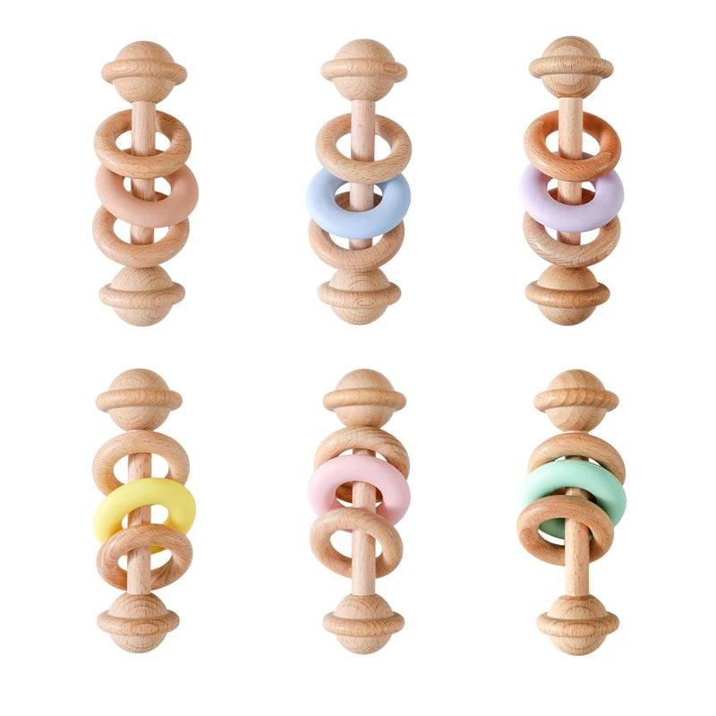 Wooden & Silicone Baby Rattle – Teething Toy for Newborns