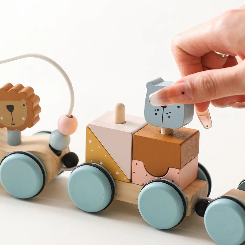 Wooden Montessori Pull Toy – Animal Night Train with Stars & Moon