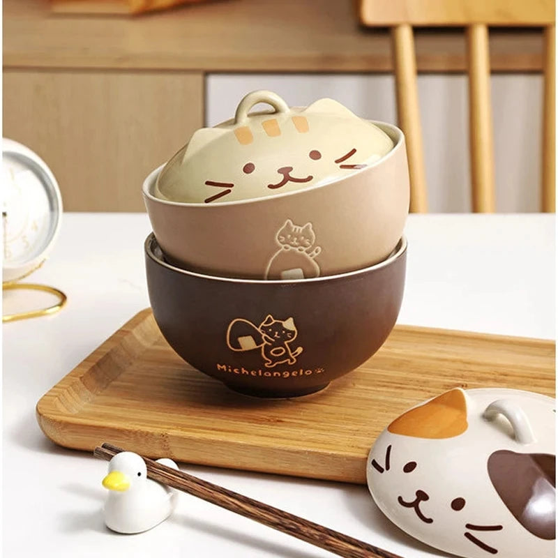 Japanese-Style Ceramic Cat Bowl with Lid