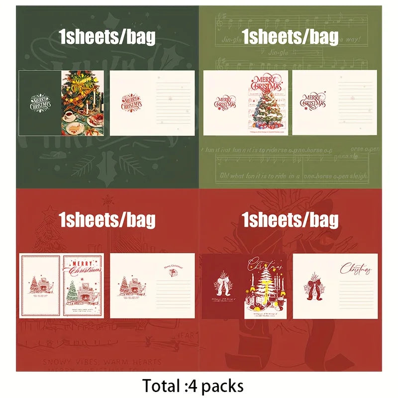 Cartes de vœux rectangulaires série noël, 4 feuilles, avec papier d'écriture, pour fête, cadeau de noël, Message, cartes de vœux
