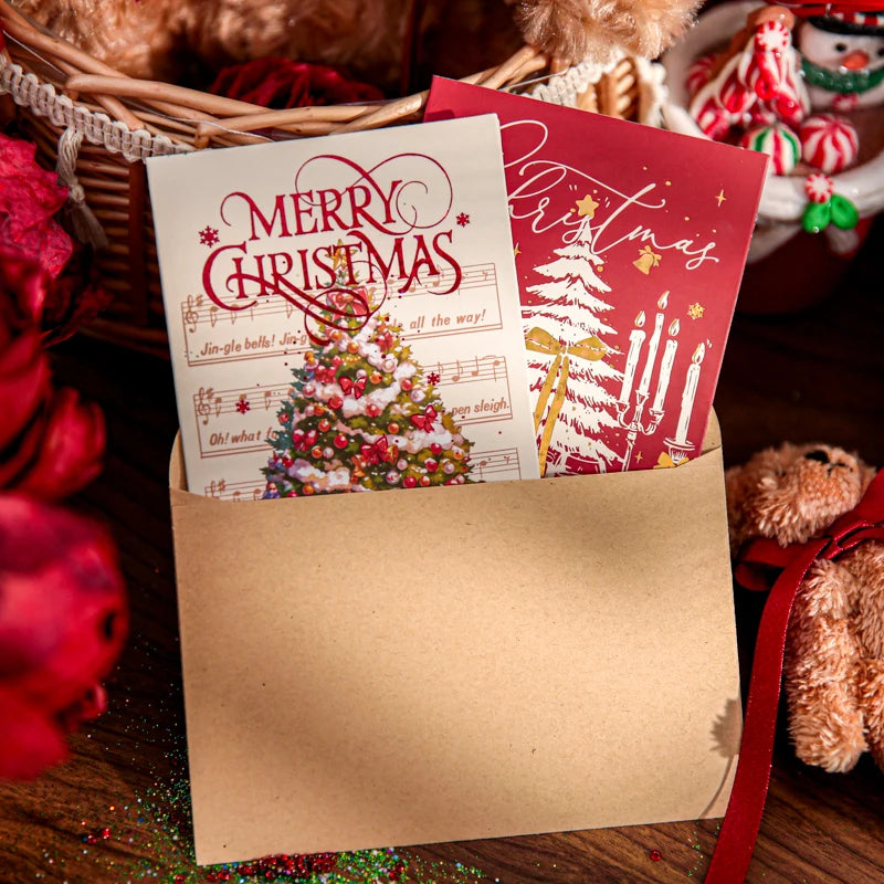 Cartes de vœux rectangulaires série noël, 4 feuilles, avec papier d'écriture, pour fête, cadeau de noël, Message, cartes de vœux