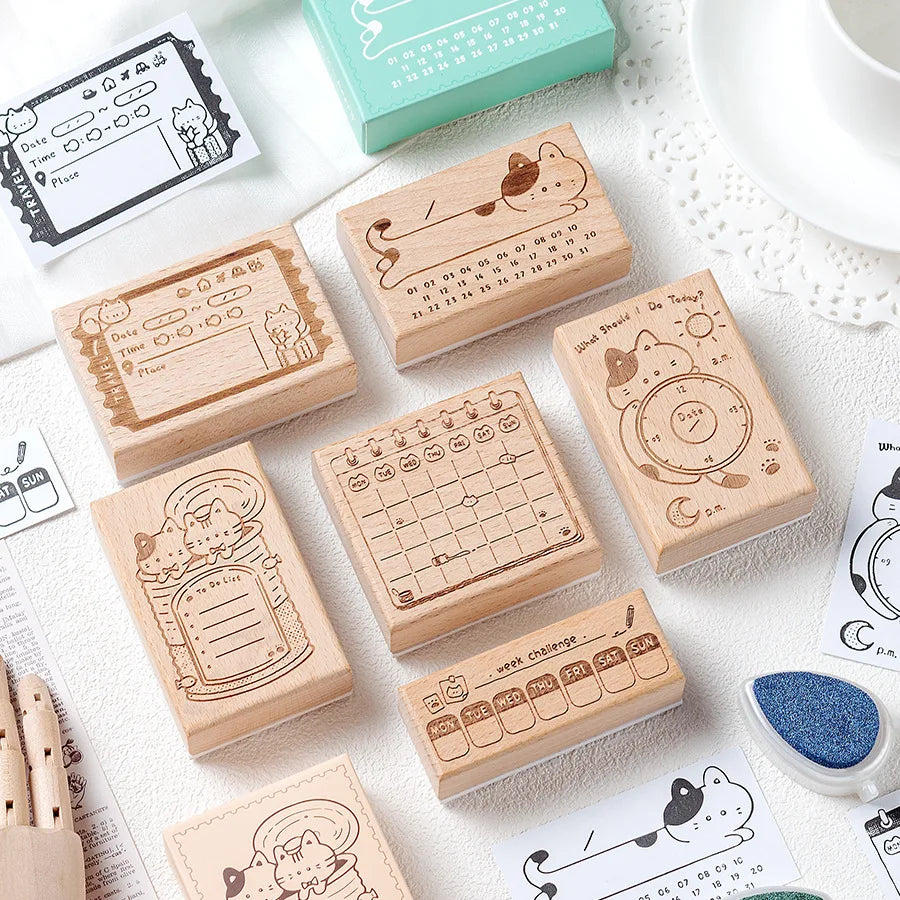 Wooden Cat Memo Stamp Box