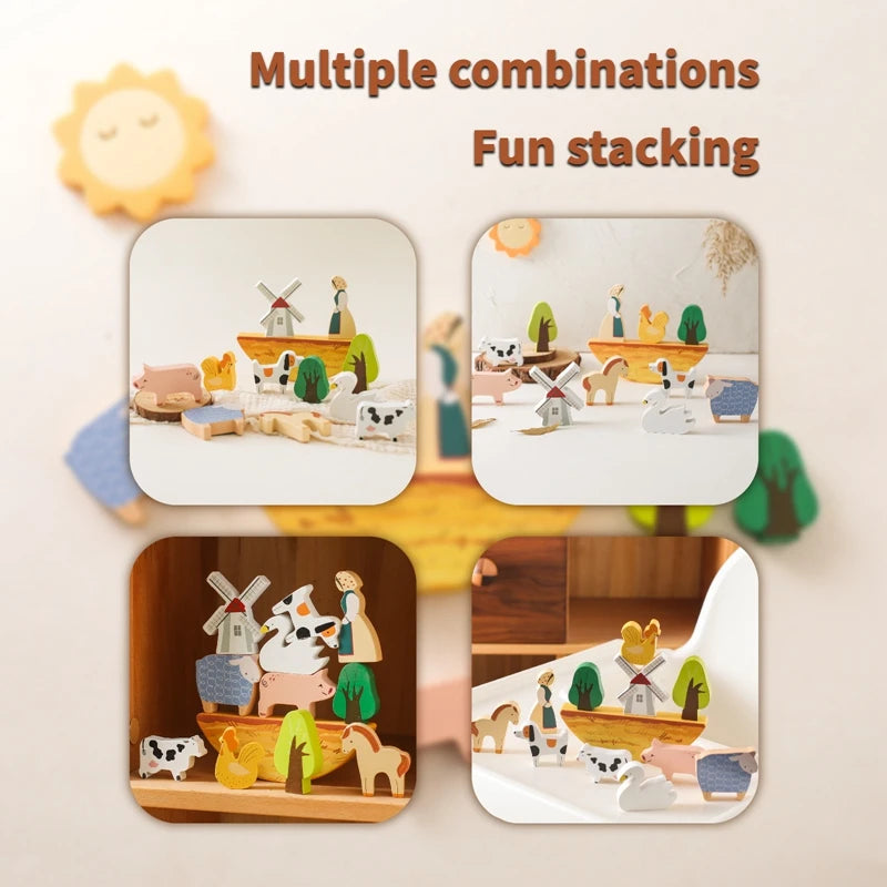 Wooden Farm Animal Stacking Toy – Montessori Balance & Coordination Game