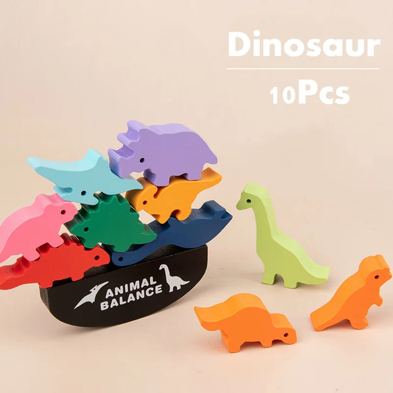 Wooden Balance Blocks – Montessori Dinosaur & Animal Stacking Game for Kids