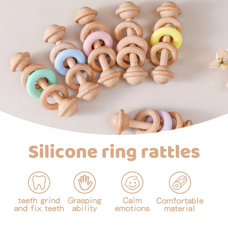Wooden & Silicone Baby Rattle – Teething Toy for Newborns
